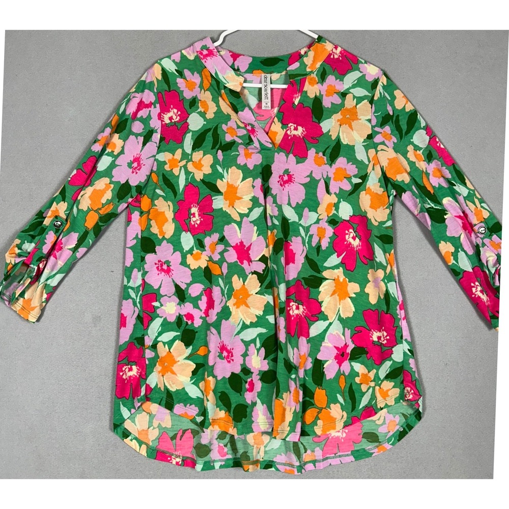 Dear Scarlett Blouse Womens Medium Liz-C0042 Green Floral Roll Tab Sleeve EUC